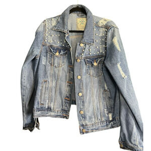 Style Me Los Angeles Pearls Embellished Denim Jacket Women’s Large Distressed
